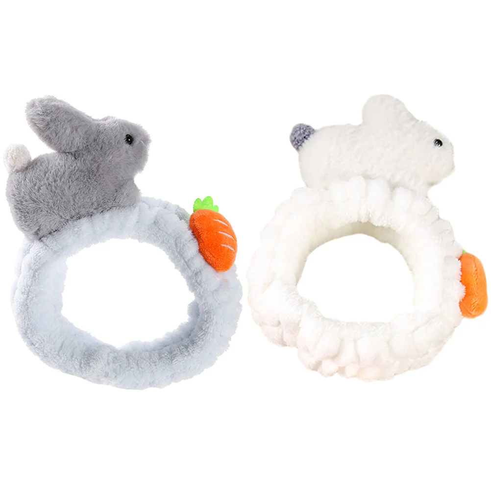 

2pcs Girls' Rabbit Flannel Headbands Face Washing Makeup Skincare Spa Bathing Cute Elastic Hairbands for Women Kids