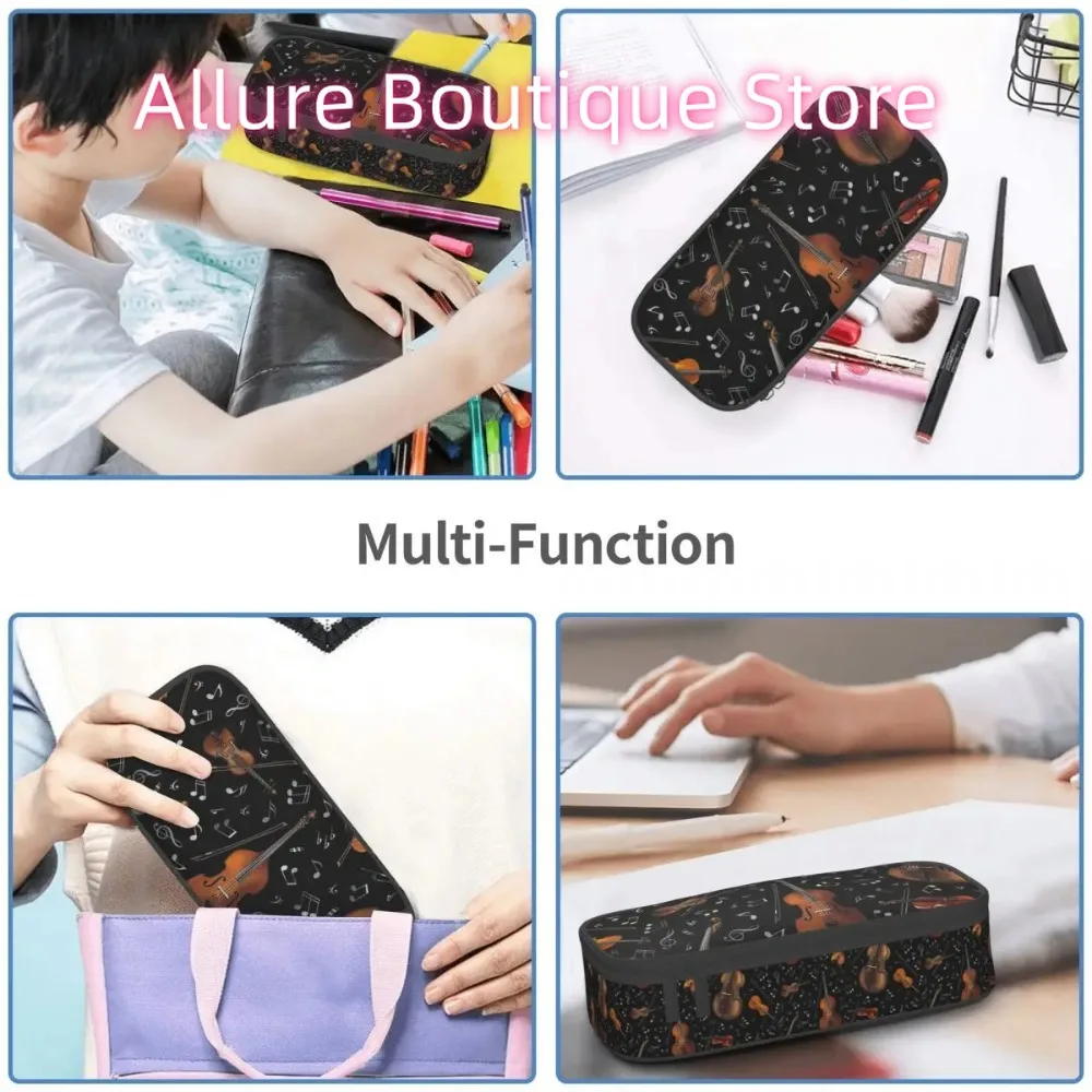 Violin Music Notes On Black Pencil Cases Large Storage Pen Bags Pen Box Pencil Pouch For Boys Girls Students Stationery School