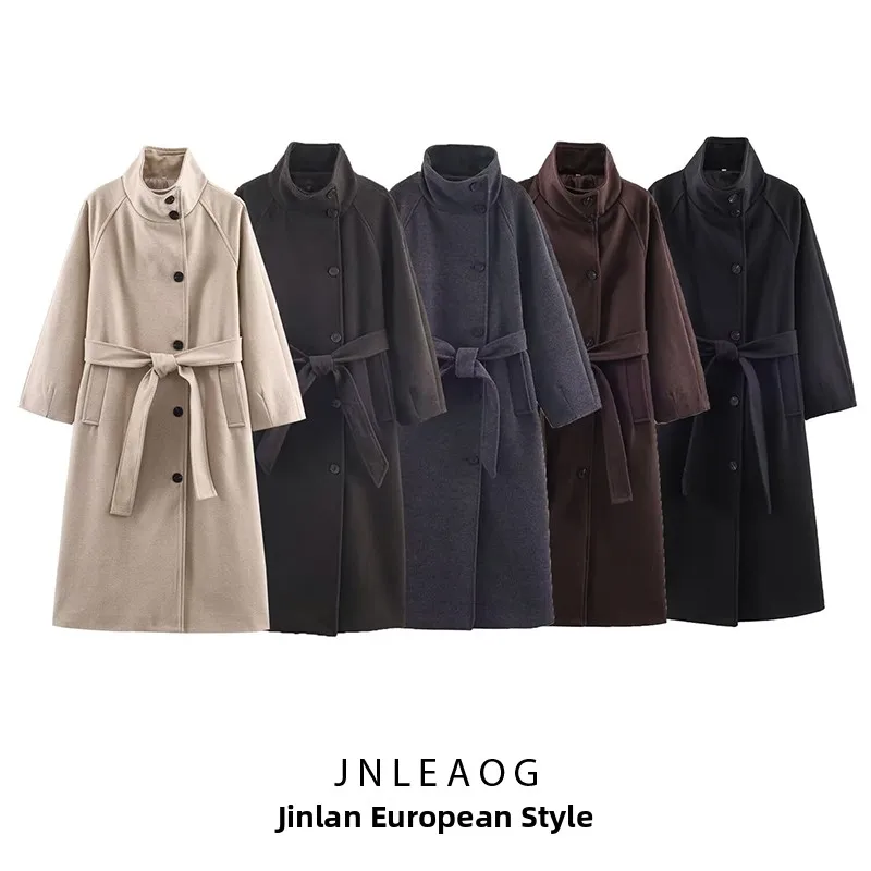 

Faionable Soft Stand Collar Belted Coat JNLEAOG Women's Autumn New Sle Street Sle Polyester Fiber Long Sve Coat