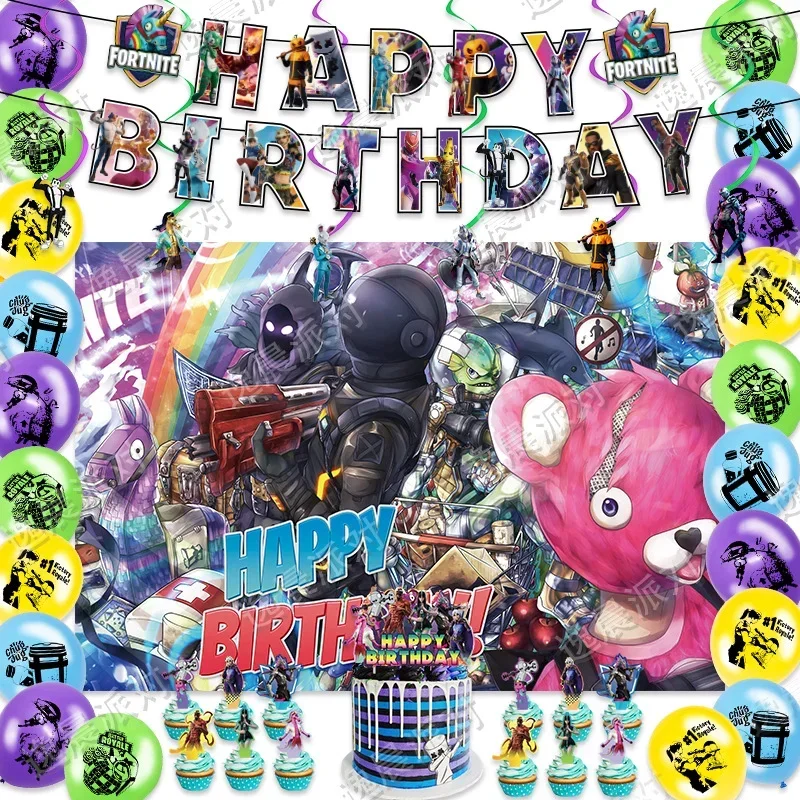 مجموعة ديكورات حفلات أعياد الميلاد السعيدة من Fortnite، بالونات من اللاتكس، لافتة علم الكيك، مستلزمات الحفلات #1