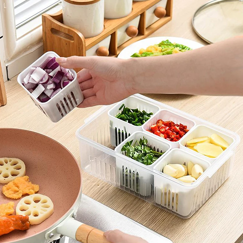 Refrigerator Storage Box 4/6 Grid Food Vegetable Fruit Storage Box Fridge Organizer Drain Basket Meat Onion Ginger Clear Crisper