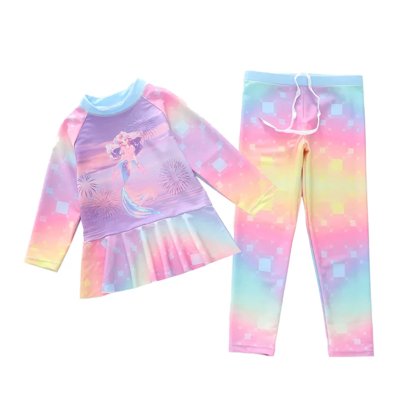 HappyFlute Mermaid Prints Two Piece Set Girls  Long Sleeve Sun Protection &Quick Drying  Swimsuit