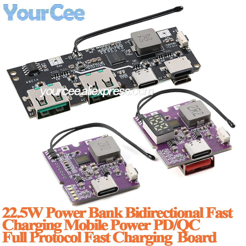 22.5W Power Bank Bidirectional Fast Charging Power Module PD/QC Full Protocol Fast Charger charge board Lamp/Digital Display