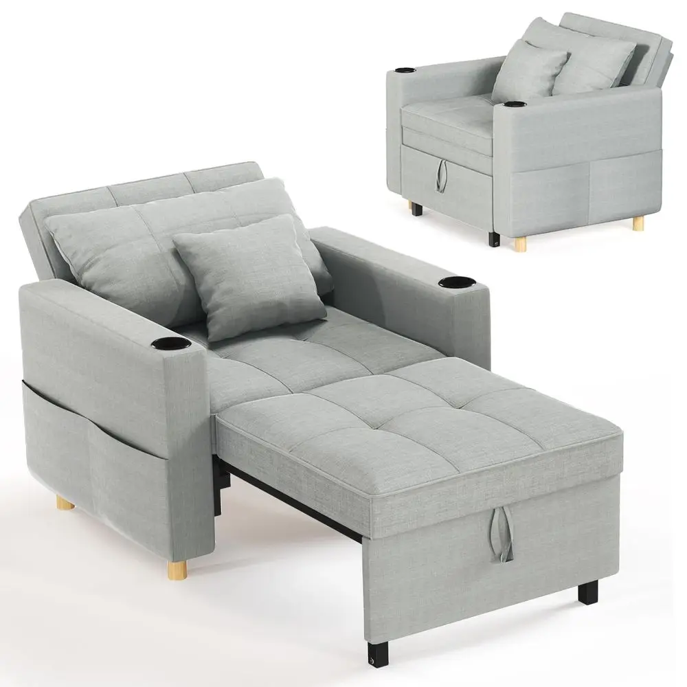 Sleeper Chair for Adults, 38 Extra Wide Convertible Chair Bed, Upgraded 3in1 Pull Out Single Sofa with Adjustable Backrest, Cup