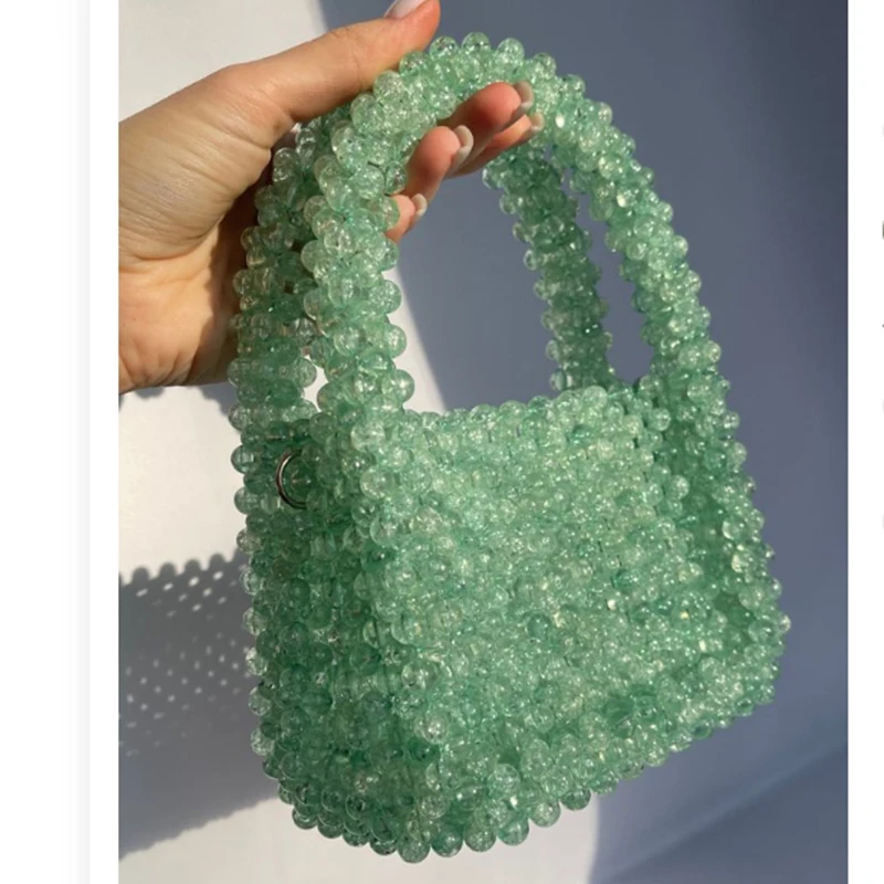 

Ins Colorful Green Beaded Woven Women's Bag New Fashionable Sparkling Spring Summer Ladies Handbag Unique Design Customization