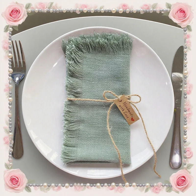 

6PCS Wedding Napkin Placemat Fringed Edge Cotton Linen Party Holiday Decoration Table Mat for Dining Table Home Kitchen Decor