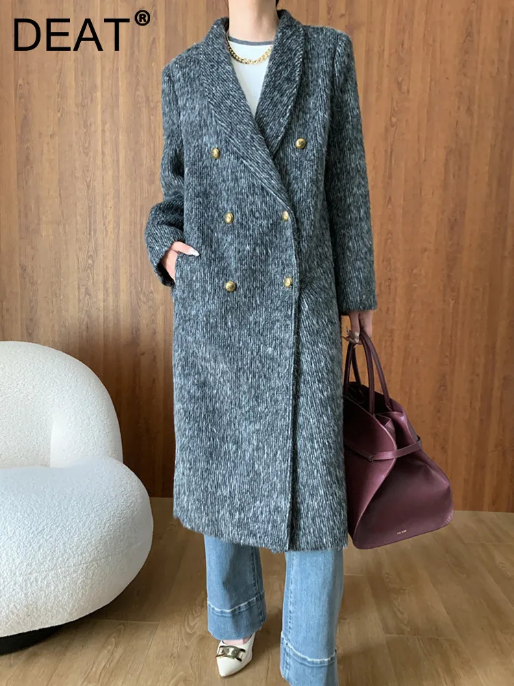 DEAT Fashion Women's Vertical Striped Double-sided Woolen Coat Lapel Loose Double Breasted Gray Overcoat Winter 2024 New 7AB4993