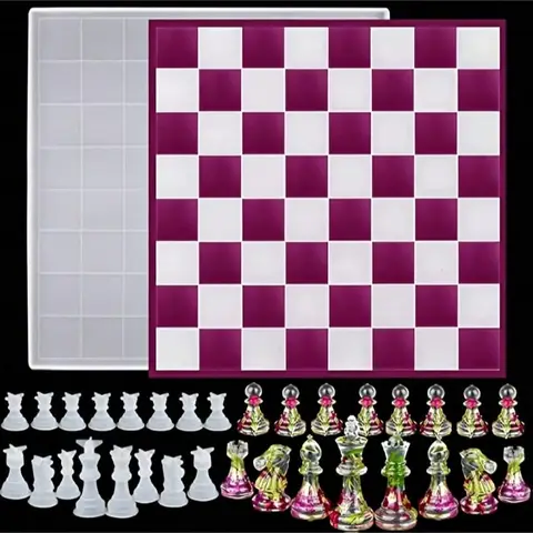 Large 3D Chess Board Silicone Mold Epoxy Resin Casting for DIY Game Night Includes Checkers Chess Craft Board Game Set