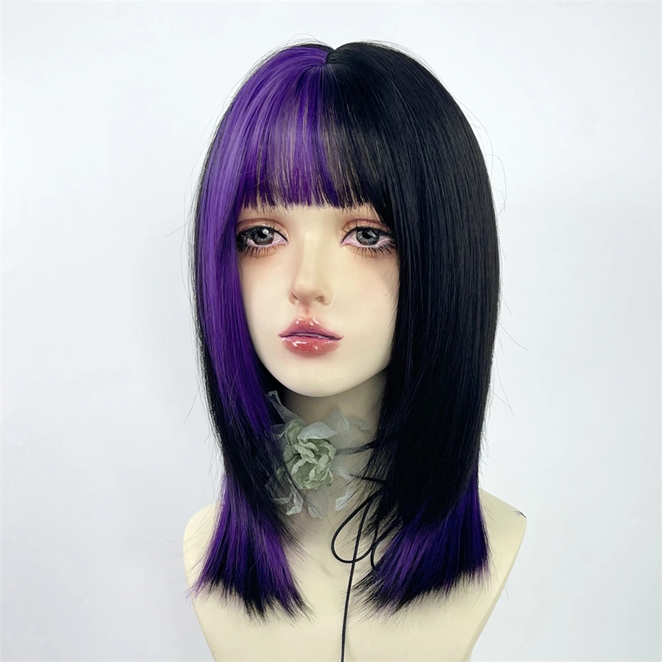 Yelowtim perruques synthétiques pour femmes longues perruques droites naturelles noir violet avec frange plate perruque colorée résistante à la chaleur de fête LM