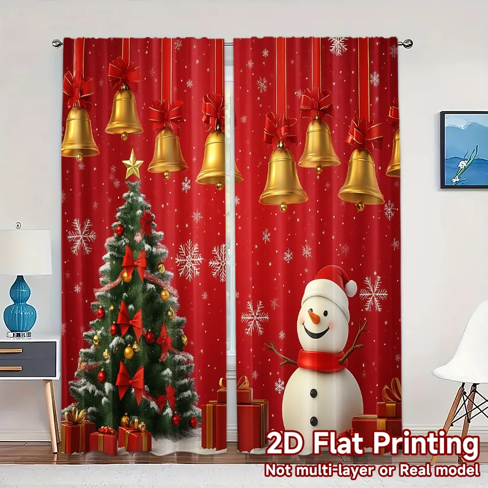 2pcs,Curtains Christmas Tree Snowman Bells (2) Modern Print Curtains Durable 100% Polyester Fabric Curtains Holiday Decorative