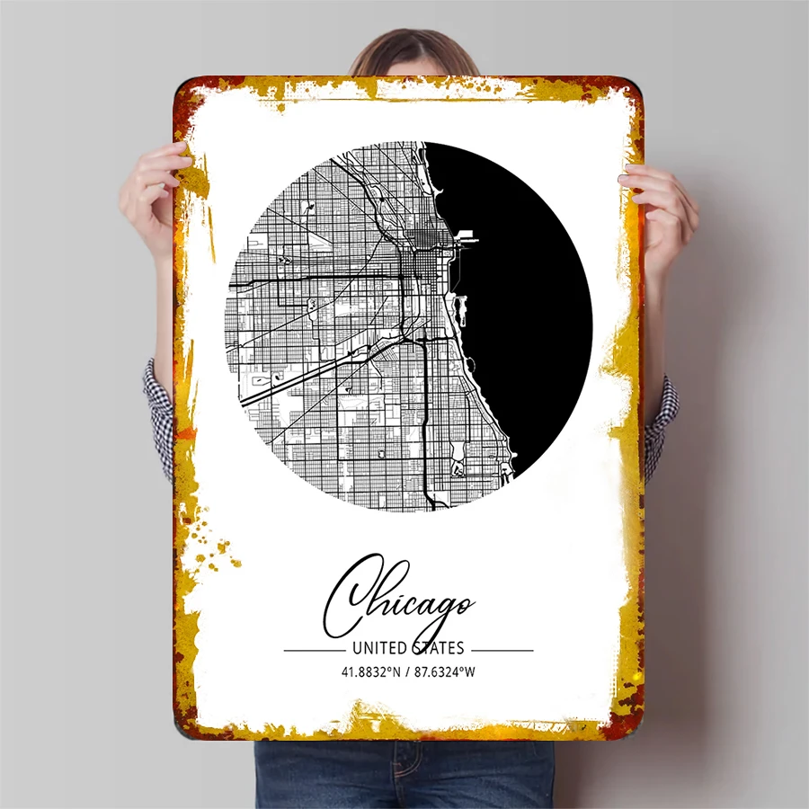 Chicago United States Map Metal Wall Art Custom City Print Minimalist Home Decor 41.8832N 87.6324W Urban Decor