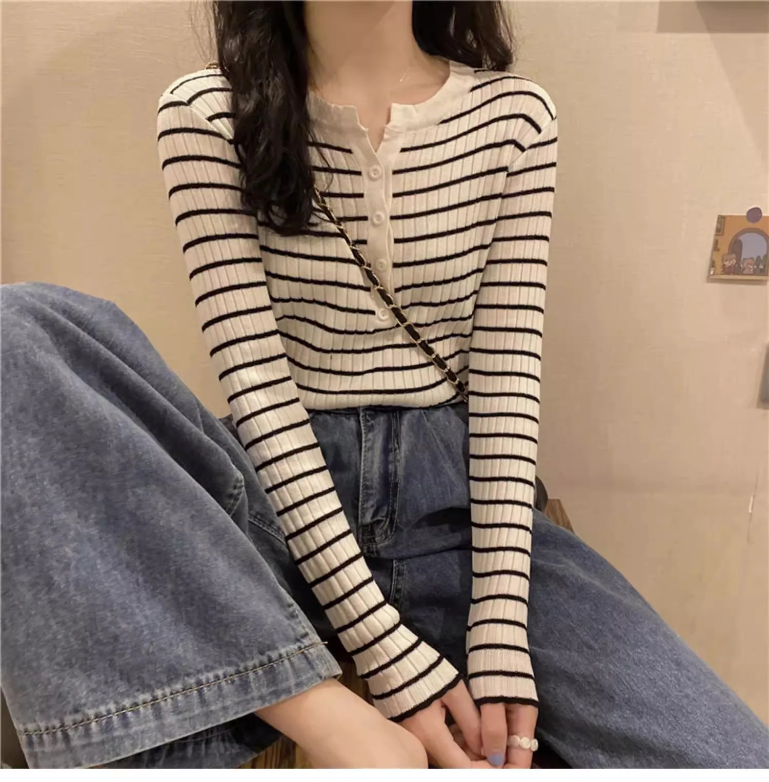 

Шикарный полосатый вязаный топ на пуговицах, женский корейский цветной блок, многослойный модный дизайн, молодежная мягкая эластичная повседневная базовая рубашка