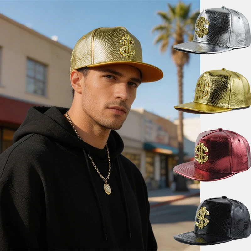 Dollarzeichen Leder-Baseballkappe für Männer und Frauen Modische Verstellbare Krokodilleder-Textur HipHop-Mütze Flacher Schirm Dad Cap Snapback-Hut
