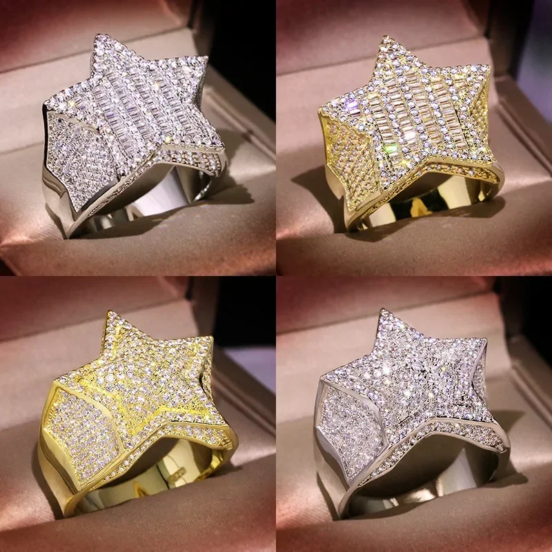 Hip Hop Five Star Rings Men's Gold Silver Color Iced Out Cubic Zirconia Jewelry Ring Gifts Couple Wedding Rings Women Jewelry