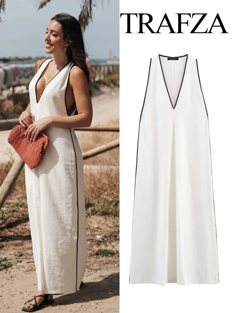 

TRAFZA Women's Vacation New Solid V-neck Flax Blending Midi Dress Summer Female Split Hem Fashion Sexy Sleeveless Long Dress