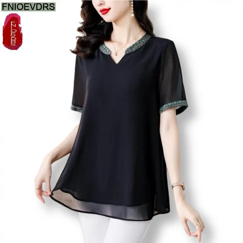 M-3XL Loose Clothes 2024 Women European Fashion Elegant Black Shirt Casual Tunic Belly Peplum Embroidery Tops And Blouses