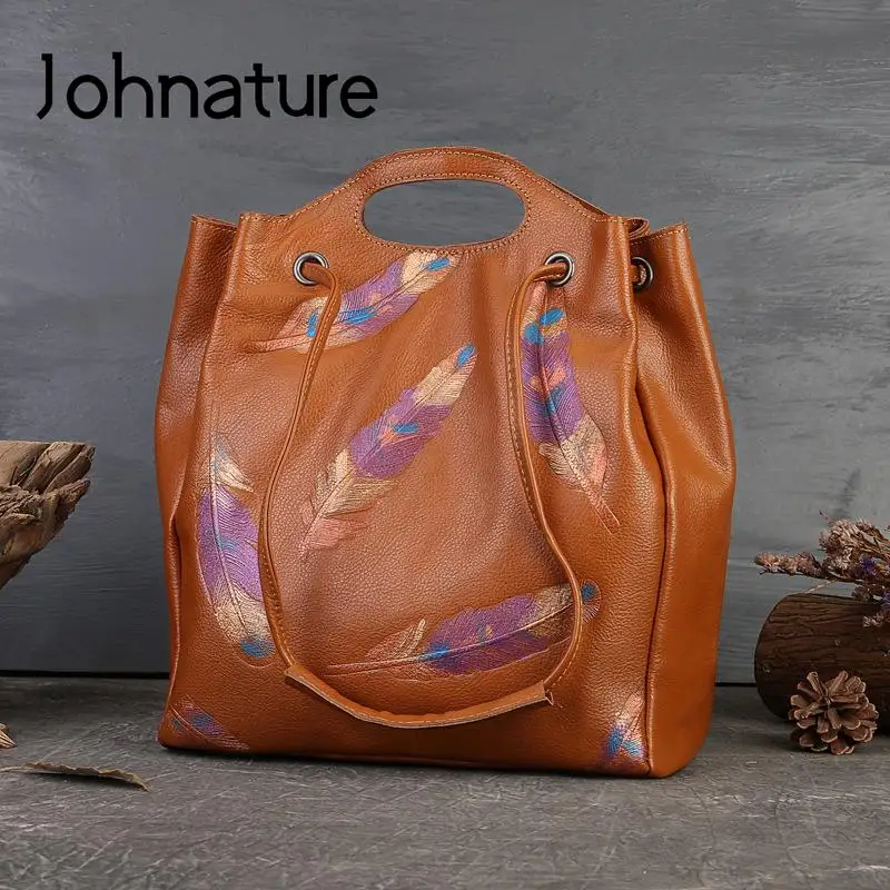 Johnature Vintage Feather Embossed Genuine Leather Women Bucket Bag Fashion Natural Cowhide Handbag Large Capacity Shoulder Bags