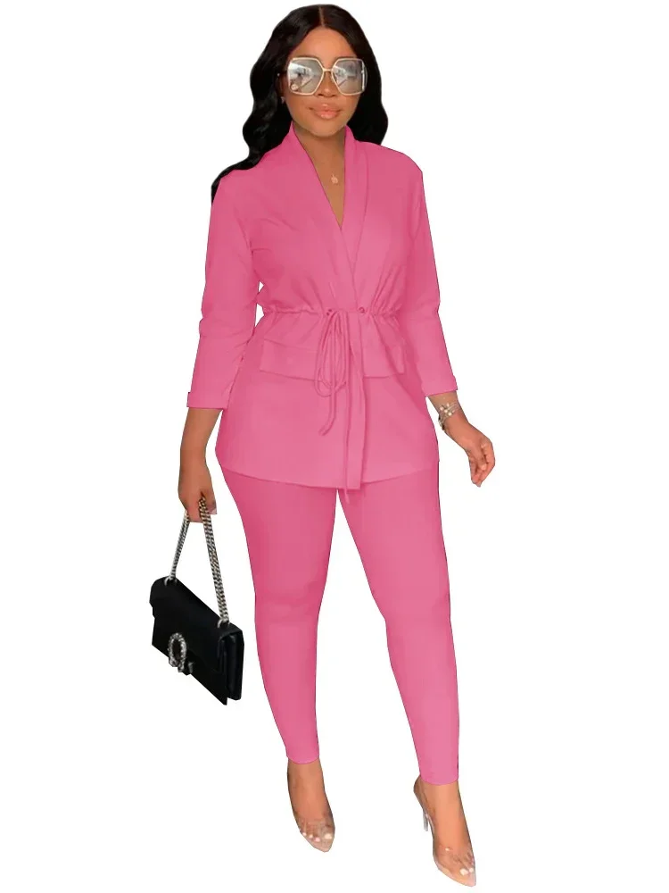 African Clothes Women 2 Piece Set Drawstring Traditional Africa Clothing Autumn New Solid Casual African Office Lady Pant Suits