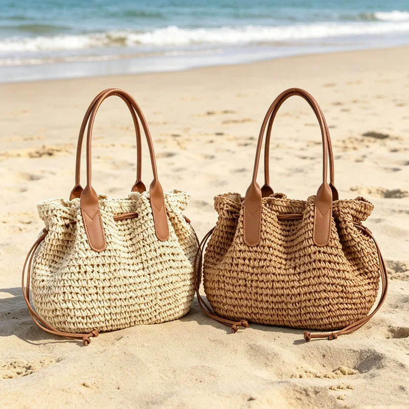 CLAREGQI  Women Large Capacity Handmade Raffia Woven Tote Bags Drawstring Design Straw Shoulder Handbags Summer Travel Beach Vac