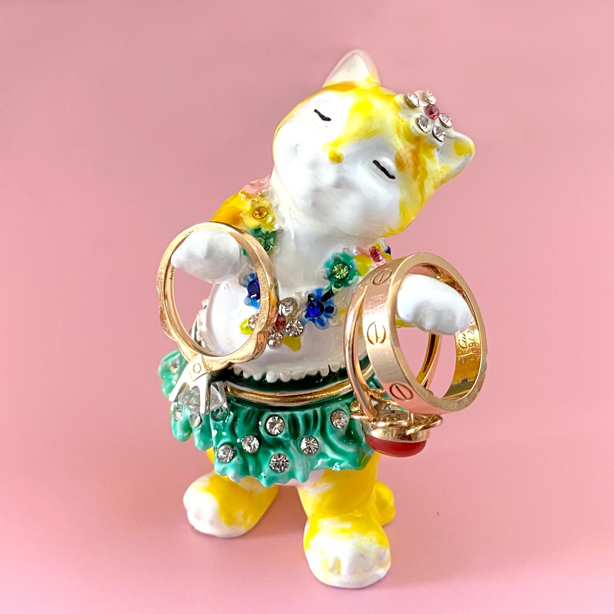 Metal Cat Trinket Jewelry Box Ornament Crystal Hinged Animal Figurine Collectible Bejeweled Ring Holder Birthday Gift