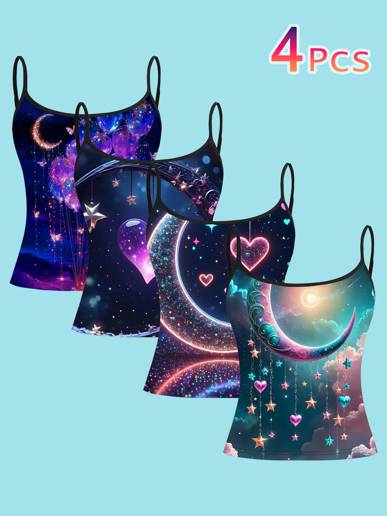 4-Piece Set of Galaxy Neon Crescent Camisole Set with Nebula Heart and Star Pattern Women's Base Layer Tank Top