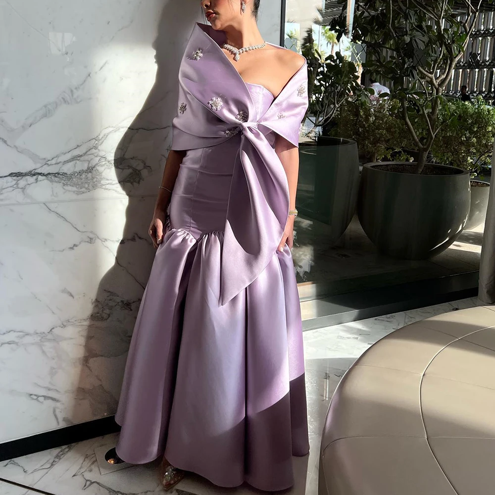 

Purple Elegant Short Sleeves Satin Straight Ankle Length Off the Shoulder Evening Dress Pleats Crystal Bespoke Occasion Gowns