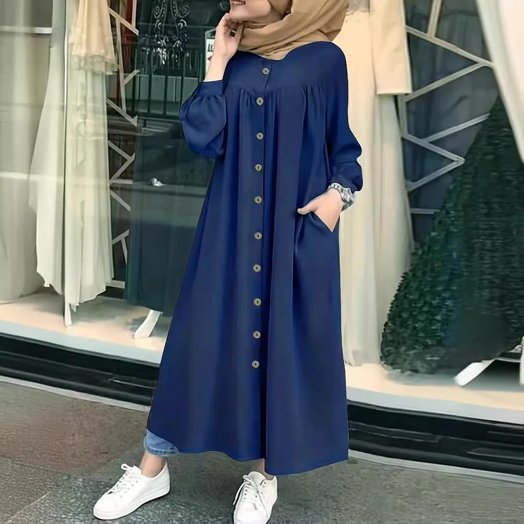 

Women Eid Muslim Dress Single Breasted Casual Dresses Buttons Loose Ankle Length Vestidos Solid Modest 2026 Abaya Ramadan