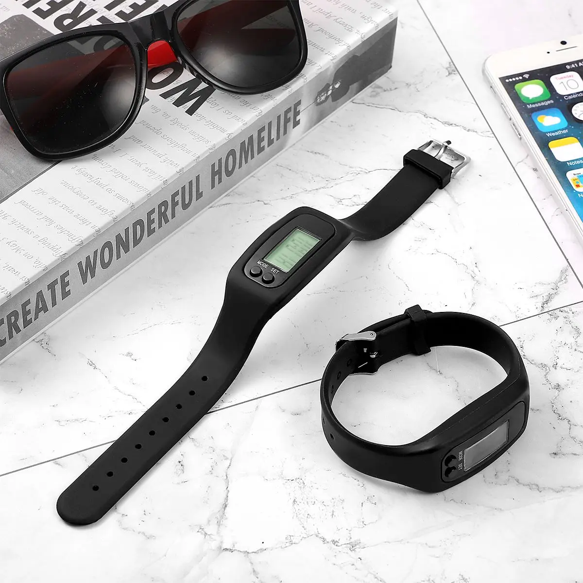 นาฬิกาแคลอรี่เคาน์เตอร์ Pedometer เดินระยะทางชายอิเล็กทรอนิกส์ดิจิตอล LCD สร้อยข้อมือฟิตเนส