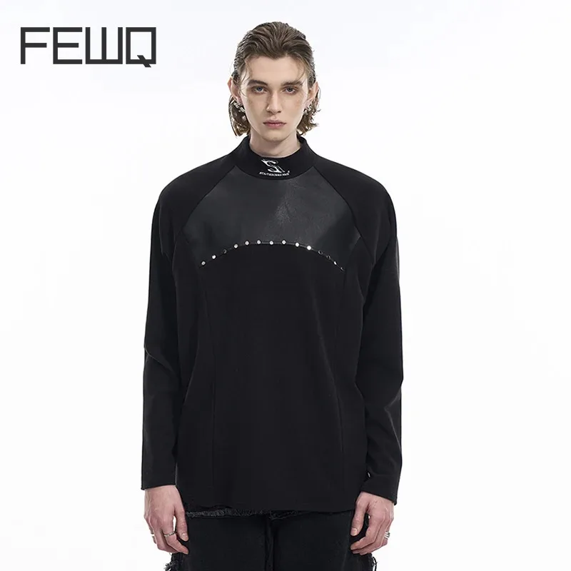 FEWQ Embroidered Splicing PU Leather Long Sleeve Men's Tshirt Autumn Half High Collar Bottom Tops Patchwork Casual 24E5615