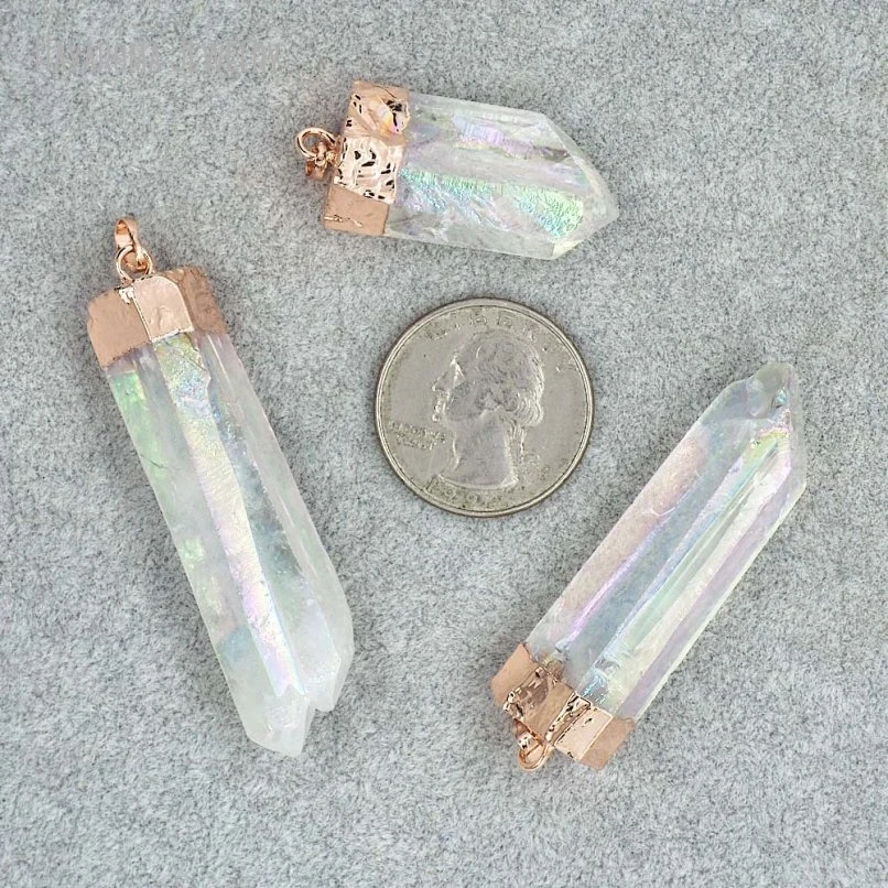 10Pcs Rose Gold Color Angel Aura Quartz Healing Crystal Point Necklace Pendant Jewelry Keyring Charm