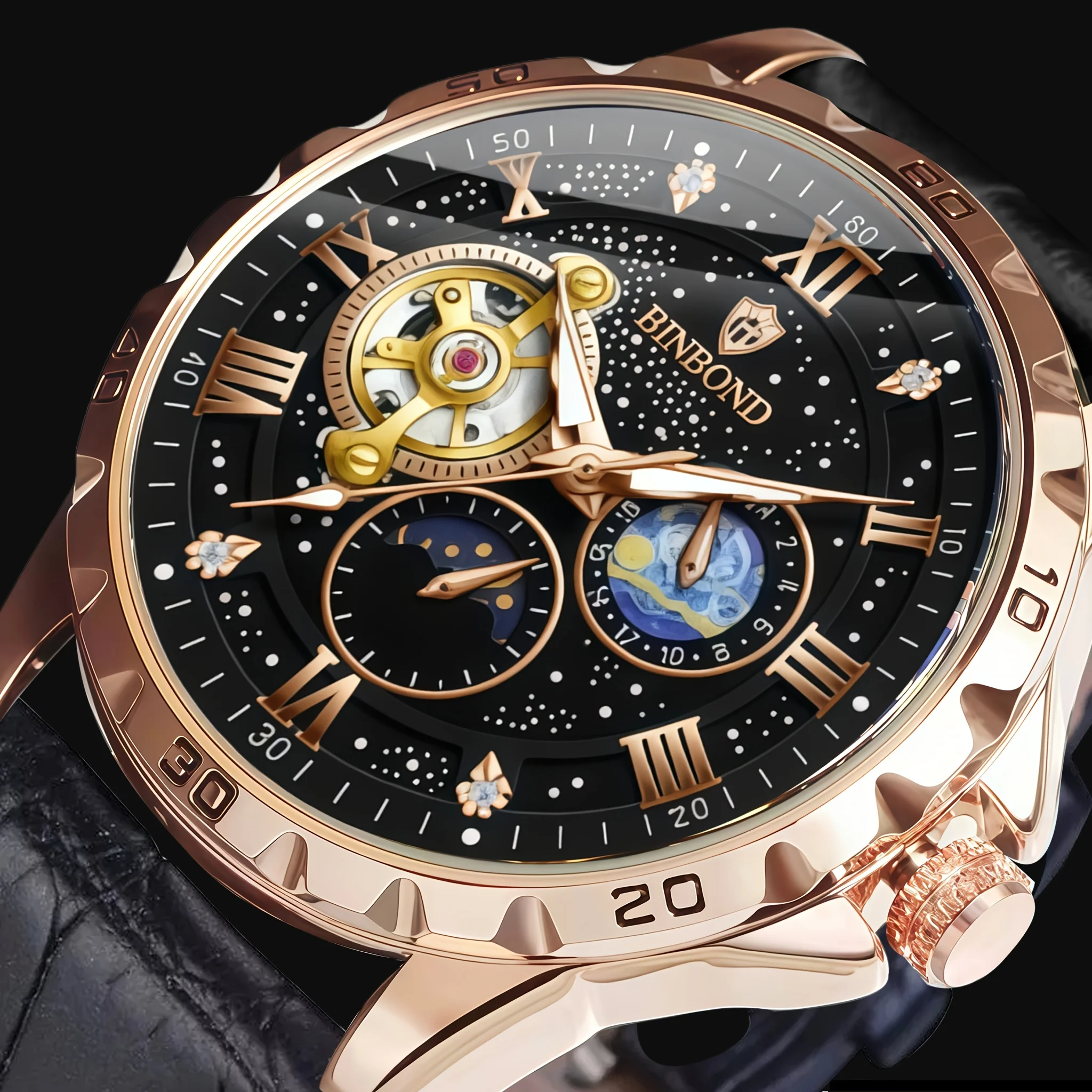 

Мужские автоматические механические часы, классический циферблат с эффектом звездного неба, 24-часовой дисплей, модные деловые наручные часы, подарок для парня