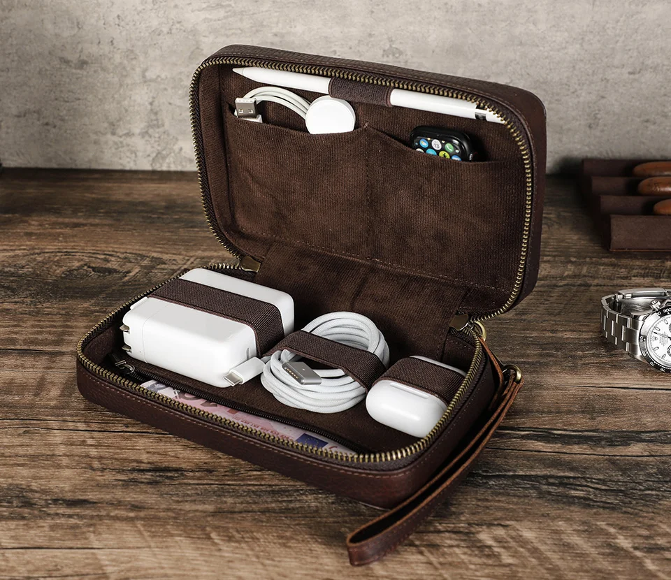 Echtes Leder Tragbare USB Daten Kabel Lagerung Tasche Kopfhörer Fall Elektronische Zubehör Gadgets Digital Organizer Box Beutel – Detail 2