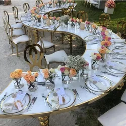 Gold stainless steel MDF round S shape dining wedding table party chairs and moon serpentine tables