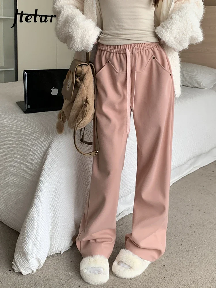 

Jielur Spring New Casual Patchwork High Waisted Women's Wide Leg Pants Korean Fashion Versatile Straight Leg Women Pink Pants