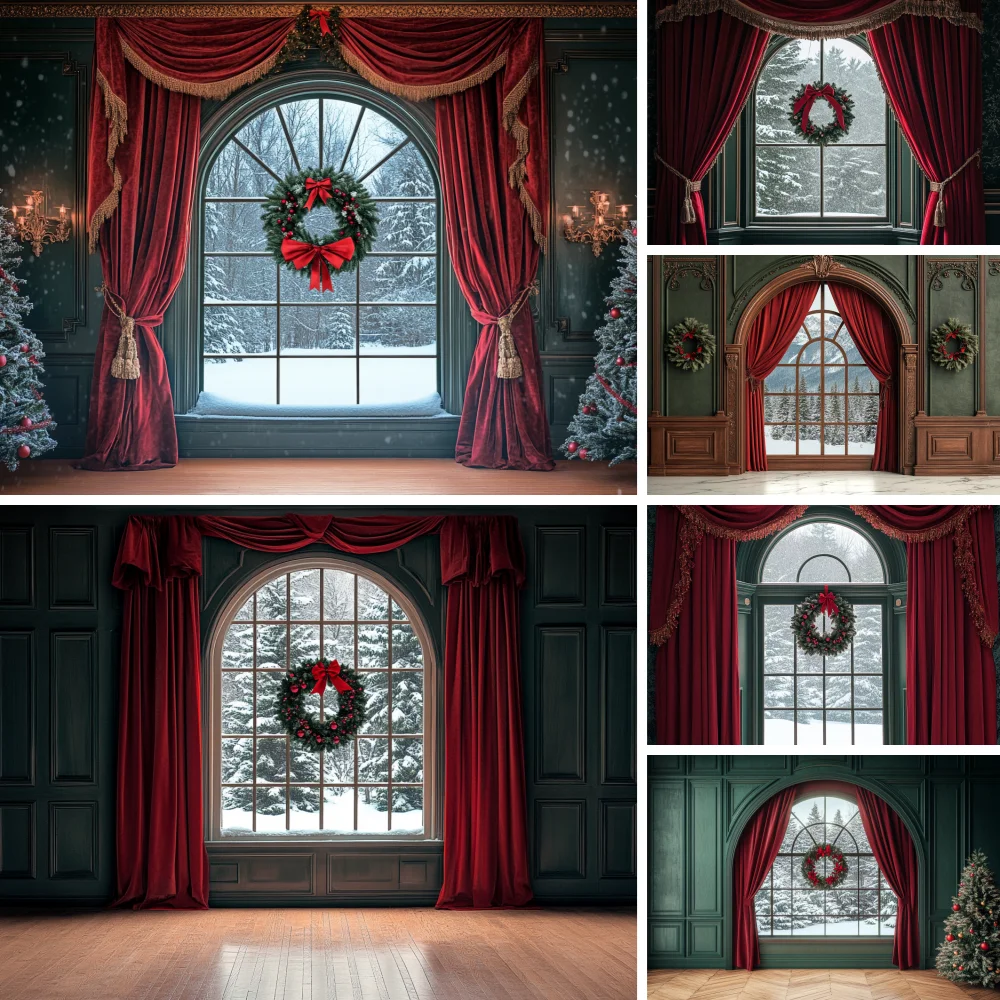 

Christmas Garland Room Photography Background Xmas Tree Window Green Curtains Carpet Backdrop Winter Family Photo