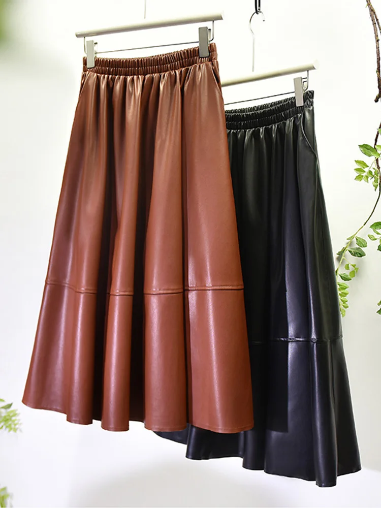 Women's Washed Leather A-Line Skirt With Pockets Korean Fashion Elastic High Waist Soft PU Midi Long Skirts 2024 Spring K206