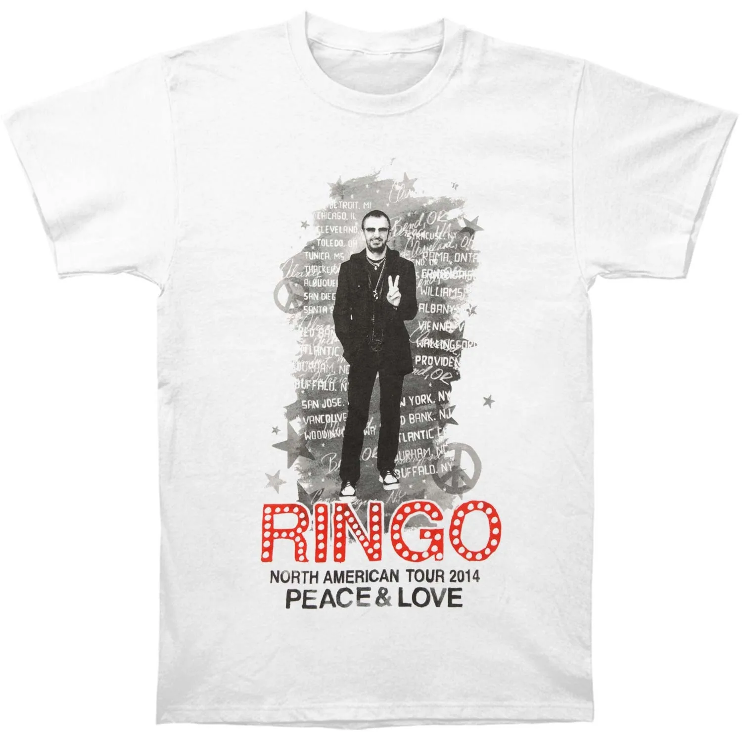Camiseta masculina Ringo Starr North American Tour 2014 Slim Fit tamanho grande branca