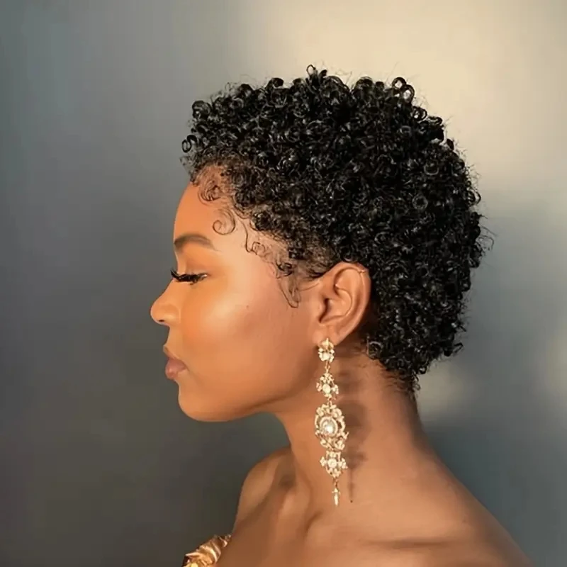 密度150% フルマシンメイド ショートアフロカーリー人毛ウィッグ アフロショートウィッグ 女性用ピクシーカットウィッグ人毛