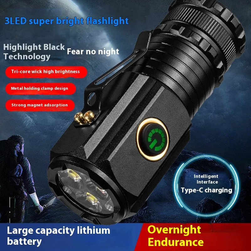 3LED مصباح يدوي صغير قابل لإعادة الشحن الشعلة التكتيكية 1500LM السوبر مشرق التخييم في الهواء الطلق مصباح يدوي مصباح محمول مع الذيل المغناطيسي