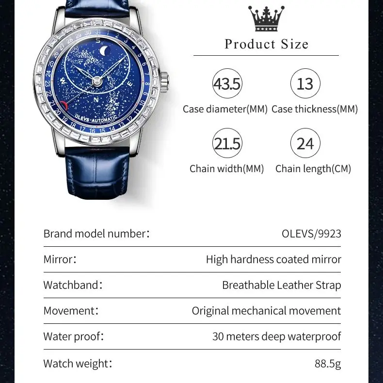 OLEVS 9923 Men\'s Watch Blue Wristwatch Moon Phase Starry Sky Design Waterproof Leather Strap Automatic Mechanical Watch for Men