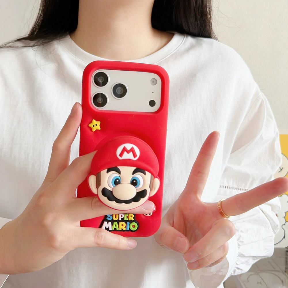 3D stereoskopowe, urocze, kreskówkowe etui na telefon z motywem Super Mario Bros, z podstawką, do iPhone 18, 17, 16, 15, 14 Pro Max, miękka silikonowa obudowa. — zdjęcie produktu 2
