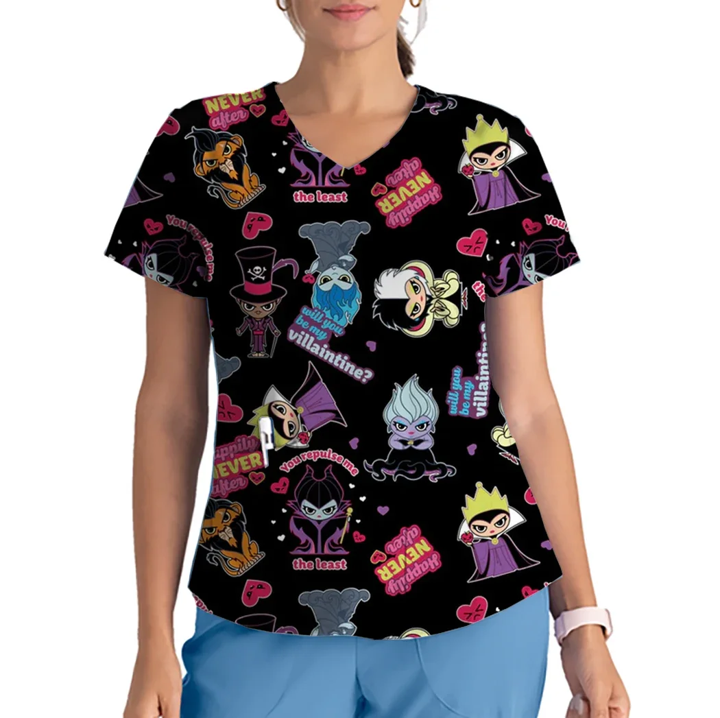Uniforme de enfermera delgado de Maléfica de Disney, Top mate estampado con cuello en V, uniforme de enfermera veterinaria femenina, monos veterinarios para el cuidado de mascotas