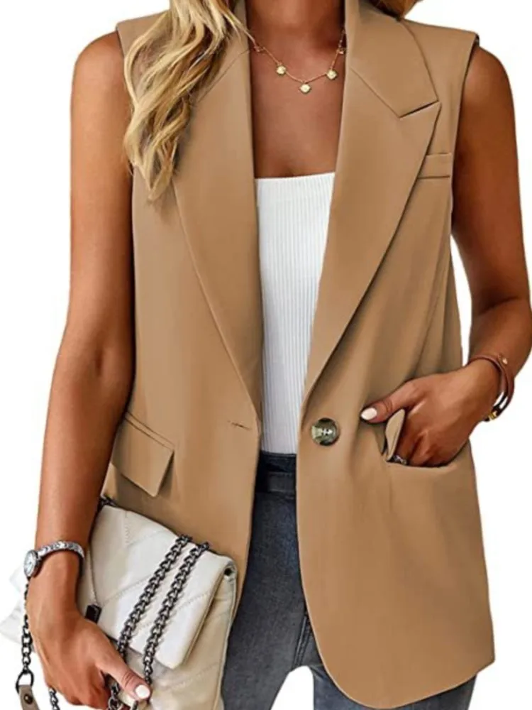 Casual Sleeveless Suit Vet Office Lady Spring Autumn Fashion Elegant Solid Turn Down Collar Blazer Coats For Women 2023 Tops