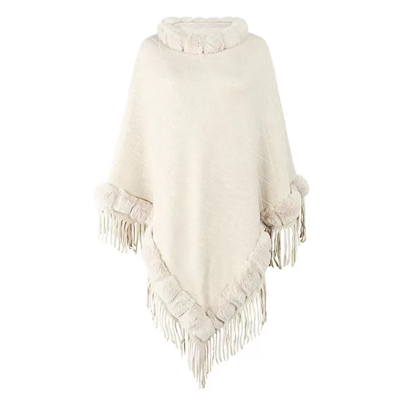 Poncho Tassel Shawl Faux Fur Collar Women's ARGYLE Pattern Cape Fringed Asymmetric Cover Up Diamond Shawl