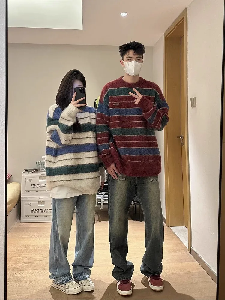 

American Retro Lazy Sle Soft Mismatched Stripes Sweater Loose Casual round Ne Knitted irt for Women Autumn Winter