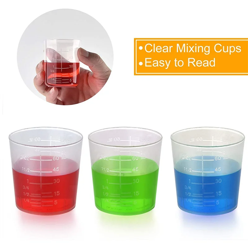 ABJS 100 Pack 60Ml/2Oz Plastic Graduated Cups Transparent Scale Cups Clear Epoxy Mixing Cups with 100 PCS Stirring Sticks