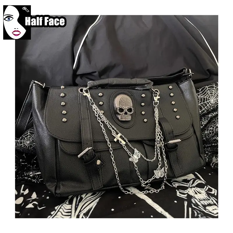 Y2K Spicy Girls Harajuku Gothic Punk Skeleton Head Chain Locomotive Subculture One Shoulder Lolita Women\'s Crossbody Bags Tote