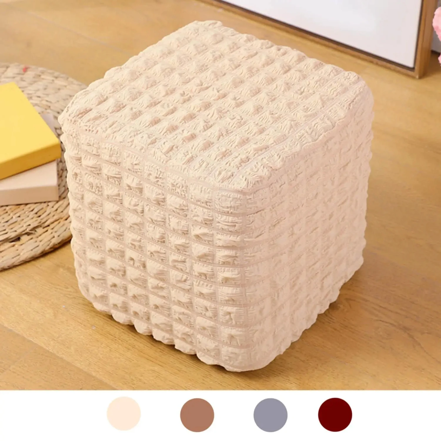 Elastic Square Ottoman Slipcover, Removable Footstool Cover for Office and Home Use, Soft Stretchy Footrest Protector, Machine W