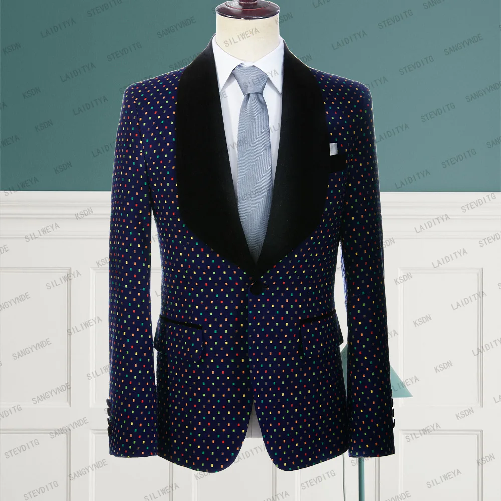 

2023 New Men's Suit Casual Slim Fit Groom Dark Blue Linen Colourful Check Black Lapel Tuxedos Wedding Summer Blazer Jacket Coat