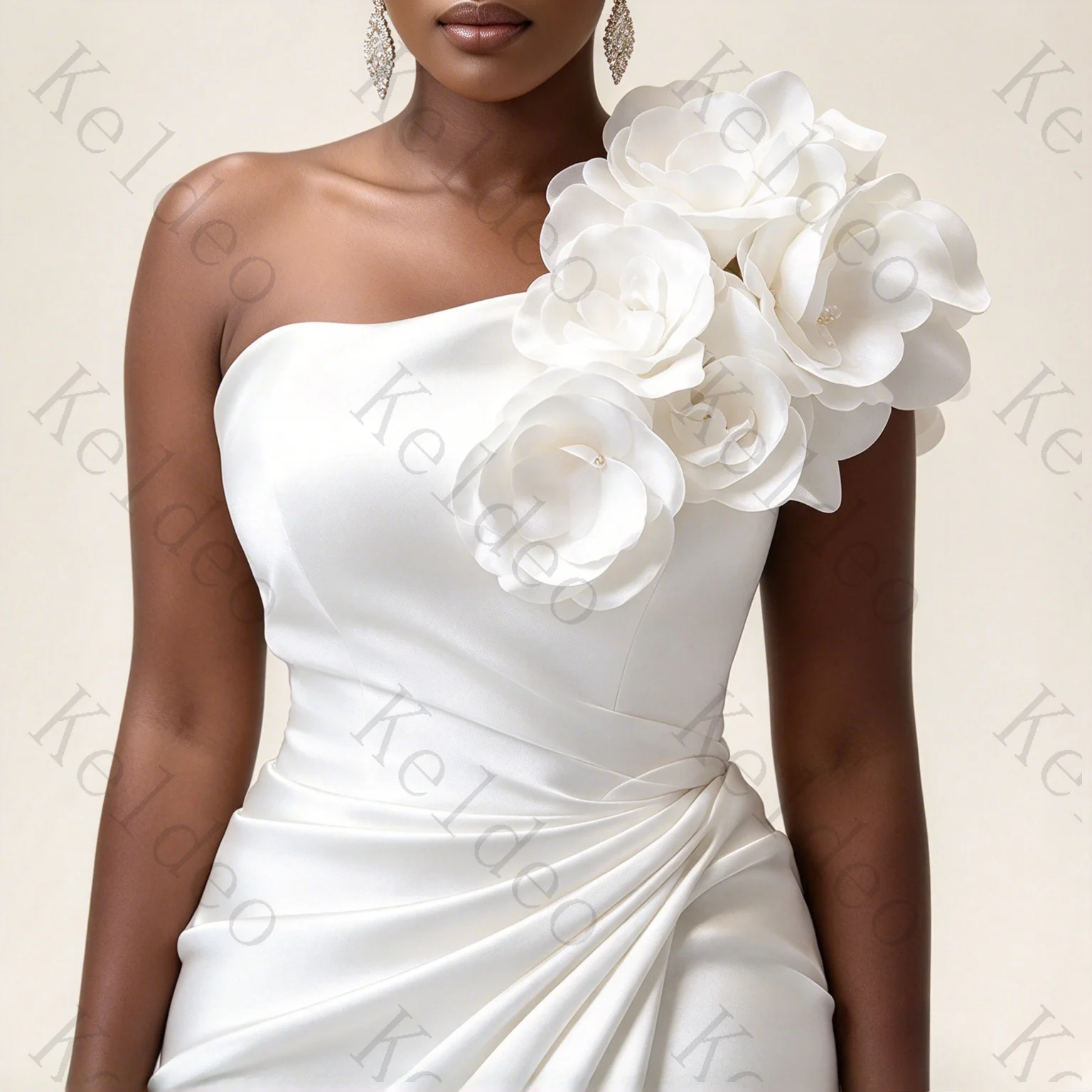 Customized Mermaid Sweetheart Sleeveless Wedding Dresses One-shoulder Side Slit Flowers Pleat Open Back Floor Length Bride Gowns